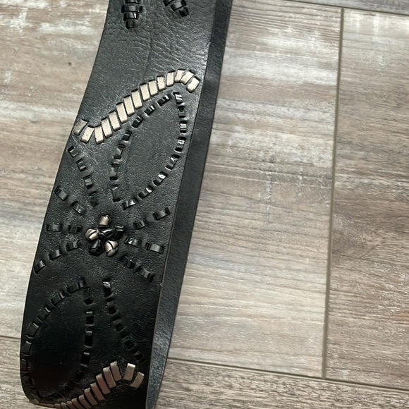 Brighton Opera black wide leather whipstitched flower belt main image 7